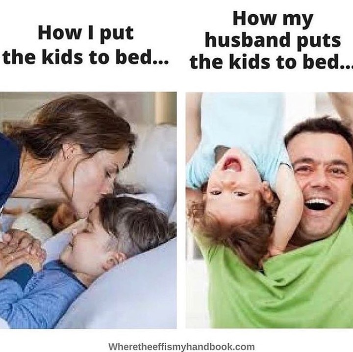 <p>Kalau ibu-ibu mau menidurkan anaknya, biasanya diajak cuci kaki dan gosok gigi. Tapi kalau ayah yang menidurkan anak, diajak main-main dulu sebelum tidur. Hiks, alhasil anak tidurnya kemalaman deh. (Foto: Instagram @wheretheeffismyhandbook)</p>