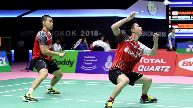 Marcus Fernaldi Gideon/Kevin Sanjaya Sukamuljo kerap tampil mencuri perhatian dengan gaya tengil yang diperlihatkan dalam sebuah pertandingan.