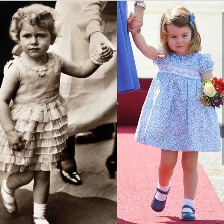 <p>Yang ini foto Putri Charlotte disandingkan dengan sang nenek buyut, Ratu Elizabeth. Mirip nggak, Bun? (Foto: Instagram @theroyalcourier)</p>