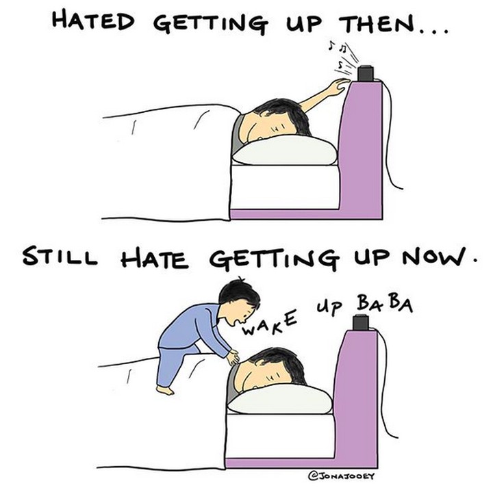 <p>Setelah punya anak, alarm bangun paginya bukan lagi jam weker. Hi-hi-hi. (Foto: Instagram/ @jonajooey)  </p>