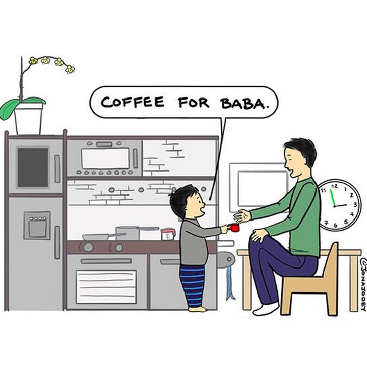 <p>Siapa bilang ayah nggak bisa jadi partner main anak? Misalnya pura-pura jadi pelanggan di coffee shop anak. (Foto: Instagram/ @jonajooey)</p>