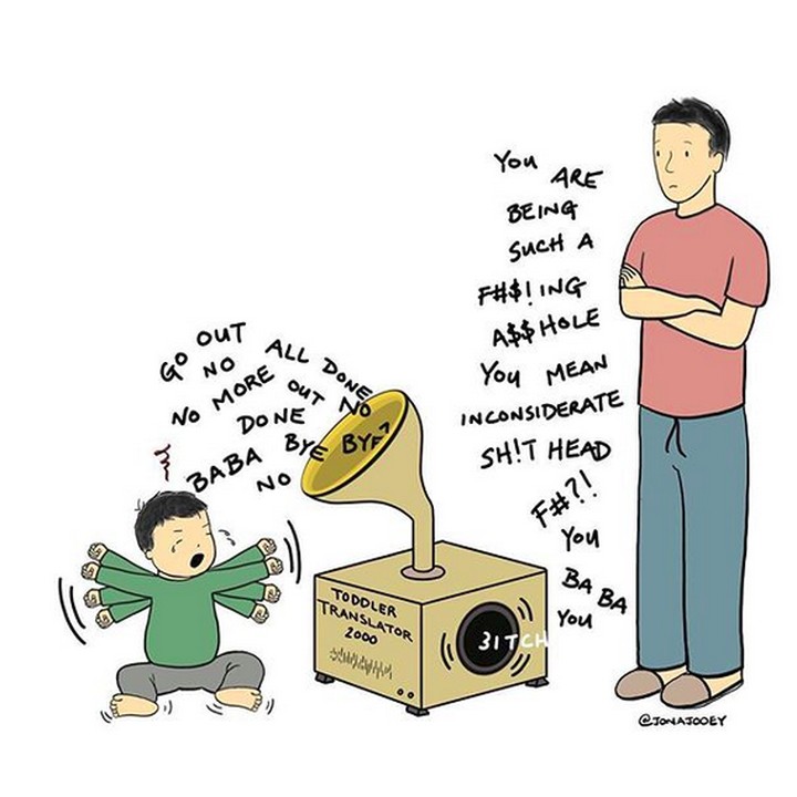 <p>Saat anak tantrum dan ayah rasa-rasanya perlu mesin penerjemah apa yang dimau si kecil. Hi-hi-hi. (Foto: Instagram/ @jonajooey)  </p>