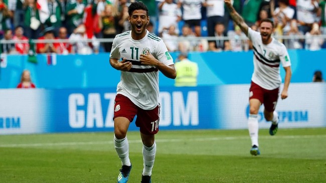 Timnas Meksiko untuk sementara unggul tipis 1-0 atas Korea Selatan pada babak pertama laga Grup F Piala Dunia 2018 di Stadion Rostov Arena, Sabtu (23/6).