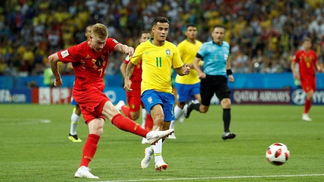 Timnas Belgia untuk sementara tertinggal 0-2 dari Belgia di babak pertama laga perempat final Piala Dunia 2018 di Kazan Arena.