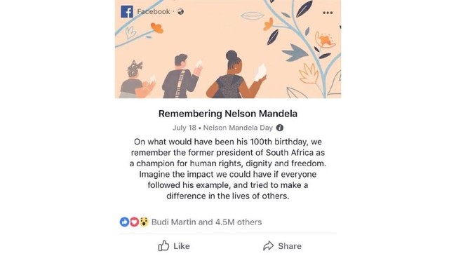 Facebook rayakan hari jadi Nelson Mandela dengan menambahkan ilustrasi di bagian atas News Feed.
