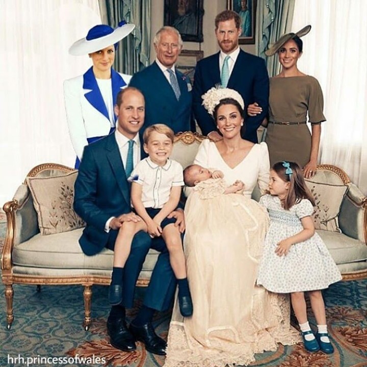 <p>Putri Diana seolah-olah bergabung dalam foto keluarga seusai pembaptisan Pangeran Louis dilakukan. (Foto: Instagram @dianaprincesadegales)</p>