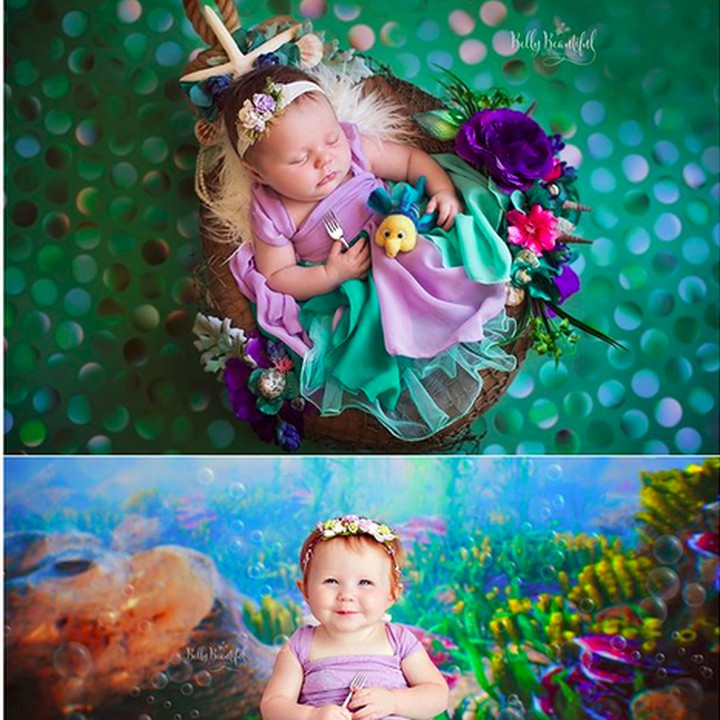 <p>Saat bayi, si Ariel kecil dipotret dalam kondisi tertidur. Tapi kini, dia sudah bisa tersenyum sumringah. (Foto: Instagram/ @bellybeautifulportrait)  </p>