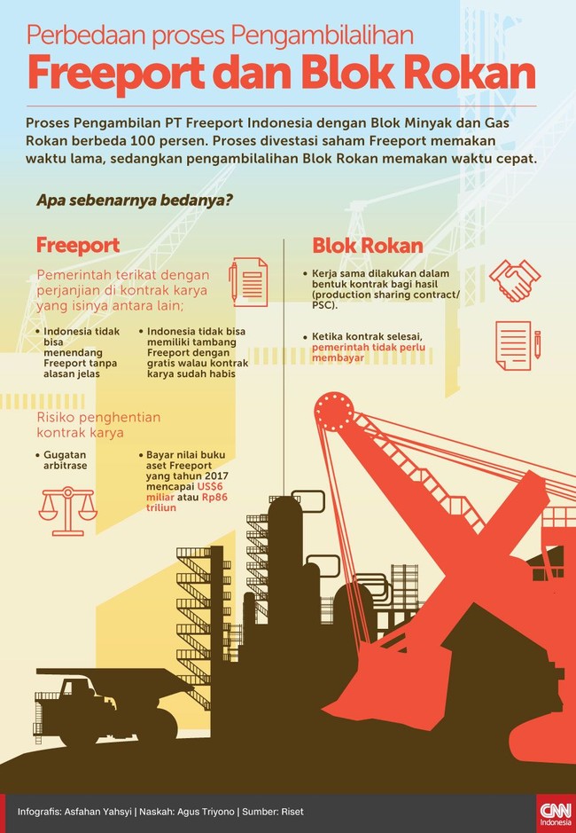 Proses divestasi saham PT Freeport Indonesia memakan waktu yang lama, sedangkan pengambilalihan Blok Rokan dilakukan dengan cepat.