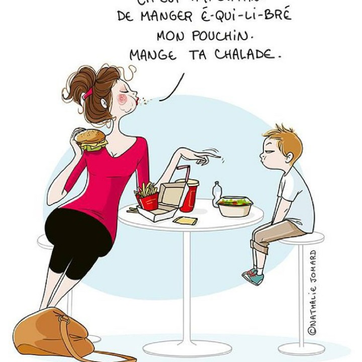 <p>Yang penting anak makan sehat. Kita mah nggak apa-apa makan junk food, he-he, Jadi, ilustrasi mana yang Bunda banget? (Foto: Instagram/nathaliejomard)</p>