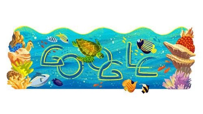 Google Doodle merayakan hari jadi ke-27 Taman Nasional Bunaken yang menjadi habitat bagi 390 spesies karang, ikan, moluska, reptil, dan mamalia laut lainnya.