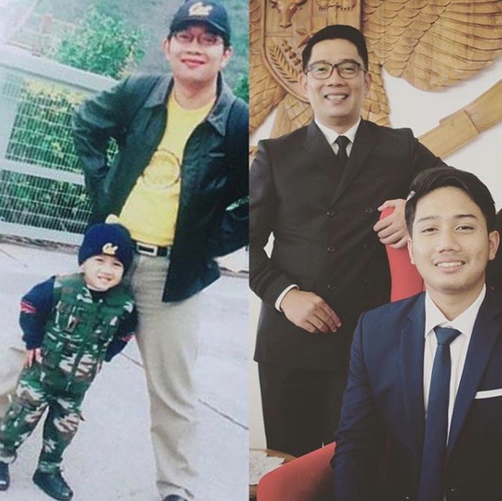<p>Kali ini Ridwan Kamil bersama putra pertamanya, Emmeril Kahn Mumtaz atau akrab disapa Eril. Foto sebelah kiri saat Eril masih kecil dan sebelah kanan saat Eril sudah jadi mahasiswa. (Foto: Instagram @ridwankamil)</p>