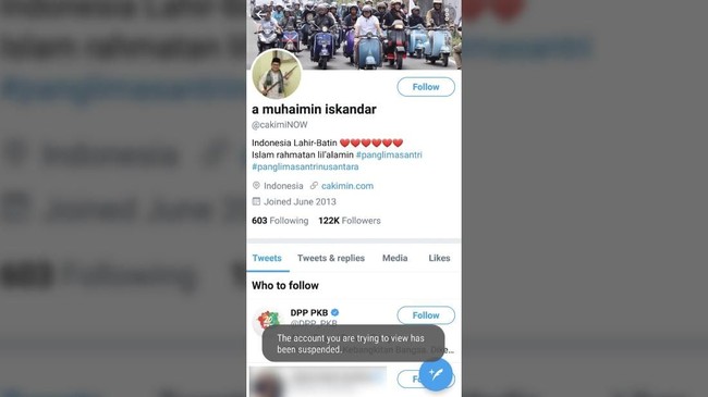 Akun pribadi milik Ketua Partai Kebangkitan Bangsa (PKB) Muhaimin Iskandar atau Cak Imin dibekukan oleh Twitter.