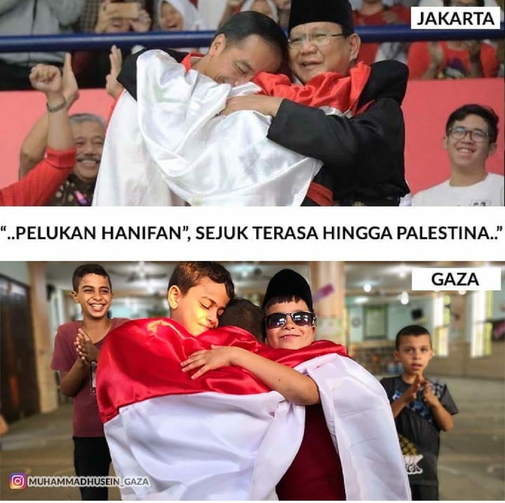 <p>Bahkan pelukannya kedamaian Jokowi-Prabowo bisa sampai ke anak-anak di Gaza lho. Adem ya lihatnya. (Foto: Instagram/muhammadhusein_gaza)</p>