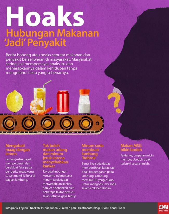 Berita bohong atau hoaks seputar makanan dan penyakit berseliweran di masyarakat, berikut beberapa di antaranya.
