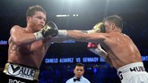 FOTO: Canelo Alvarez Bungkam Gennady Golovkin Saul 'Canelo' Alvarez berhasil merebut gelar tinju kelas menengah usai menaklukkan Gennady Golovkin dengan kemenangan angka di Las Vegas, Minggu (16/9).