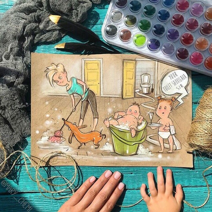 <p>Saat mengepel lantai rumah, kelakuan kakak adik kadang di luar ekspektasi. (Foto: Instagram @mary_chemi)</p>