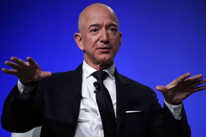 NATIONAL HARBOR, MD - SEPTEMBER 19:  Amazon CEO Jeff Bezos, founder of space venture Blue Origin and owner of The Washington Post, participates in an event hosted by the Air Force Association September 19, 2018 in National Harbor, Maryland. Bezos talked about innovating in large organizations as well as staying on the cutting edge in the space industry.  (Photo by Alex Wong/Getty Images)