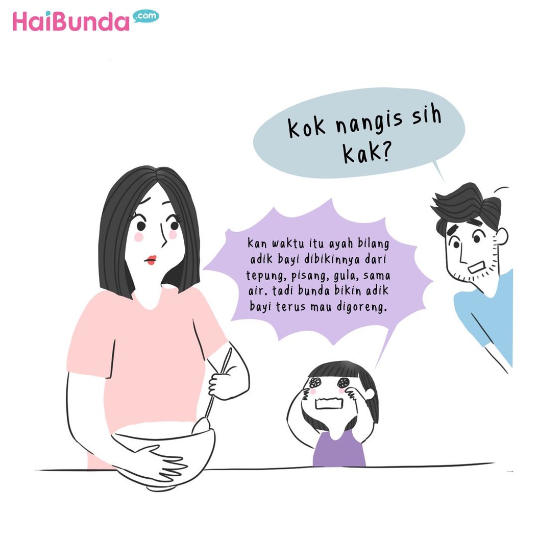 Pertanyaan kakak di komik ini soal adik bayi sempat bikin heboh orang serumah. Bunda punya pengalaman apa terkait pertanyaan polos dari si kecil?