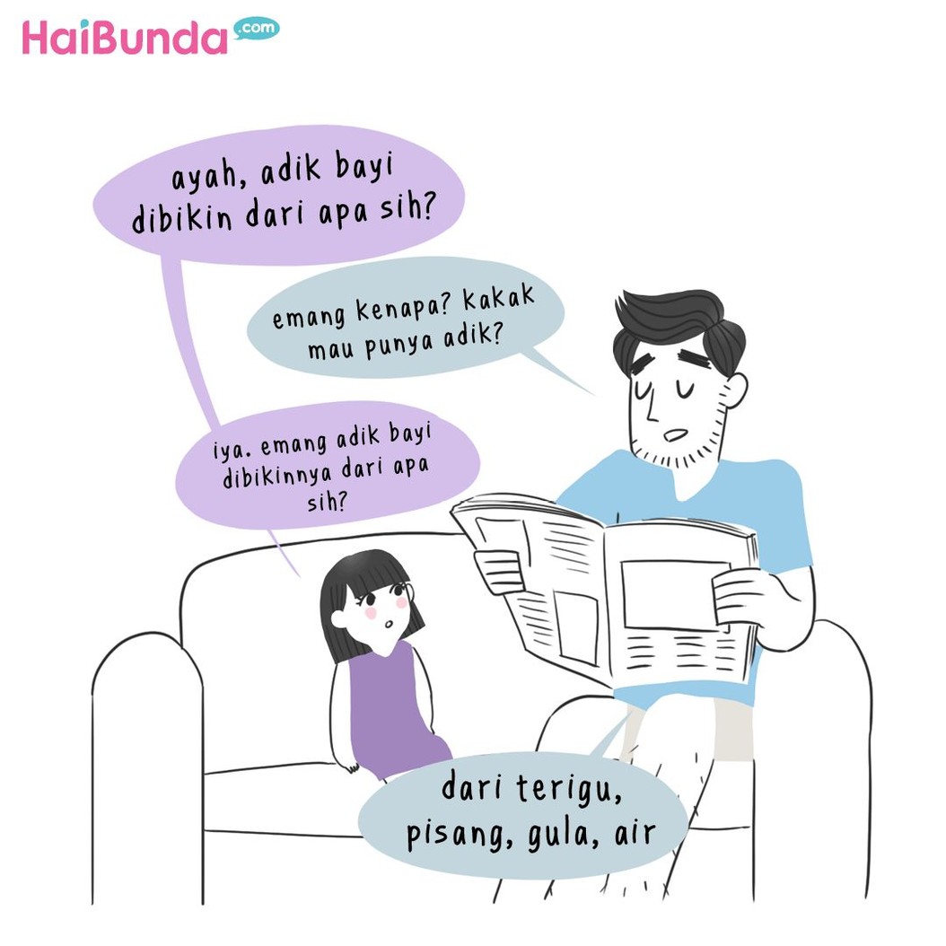 Pertanyaan kakak di komik ini soal adik bayi sempat bikin heboh orang serumah. Bunda punya pengalaman apa terkait pertanyaan polos dari si kecil?
