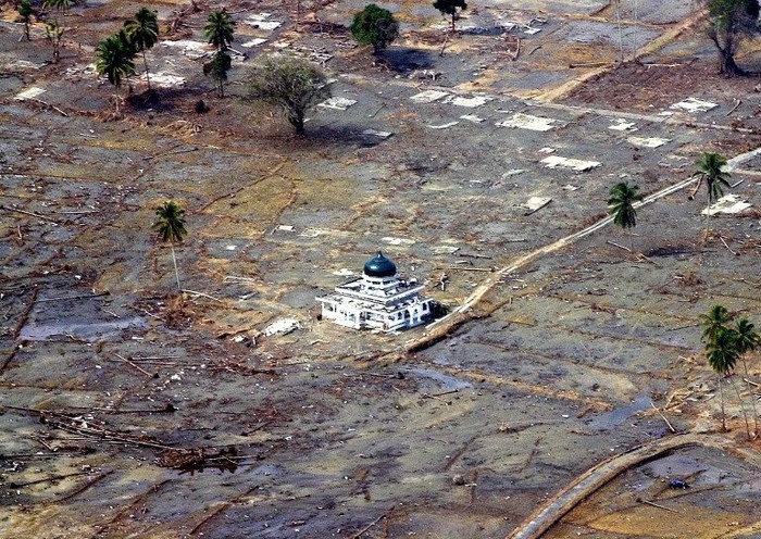 A handout photo shows a mosque still existing after the quake and tsunami that hit Aceh province on 26 December 2004 in Meulaboh, West Aceh, 01 January 2005. More than one million people in Indonesia and more than 700,000 in Sril Lanka will need food aid for months after the tsunami disaster, the United Nations said. Up to 100,000 were killed in Indonesia, with a total death toll in the Indian Ocean claiming at least 125,000 lives. AFP PHOTO/ INOONG / AFP PHOTO / HO / INOONG 5 Bencana Alam Terbesar dan Bersejarah di Indonesia
