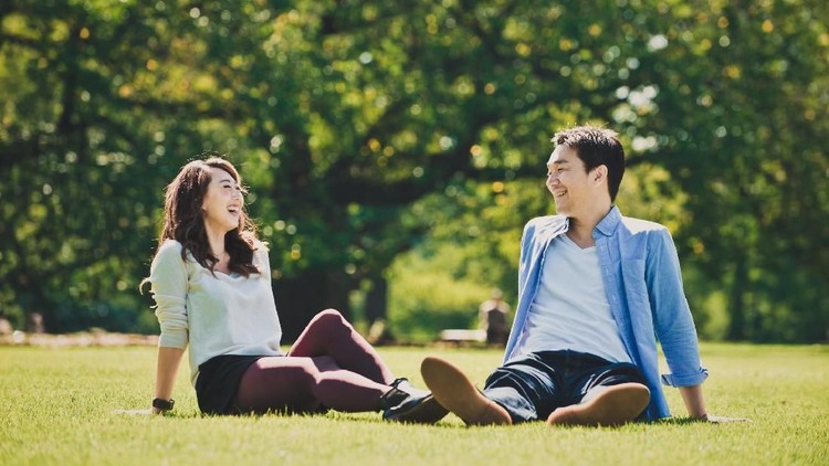 Middle age couple spending time together in Tokyo on a sunny autumn day