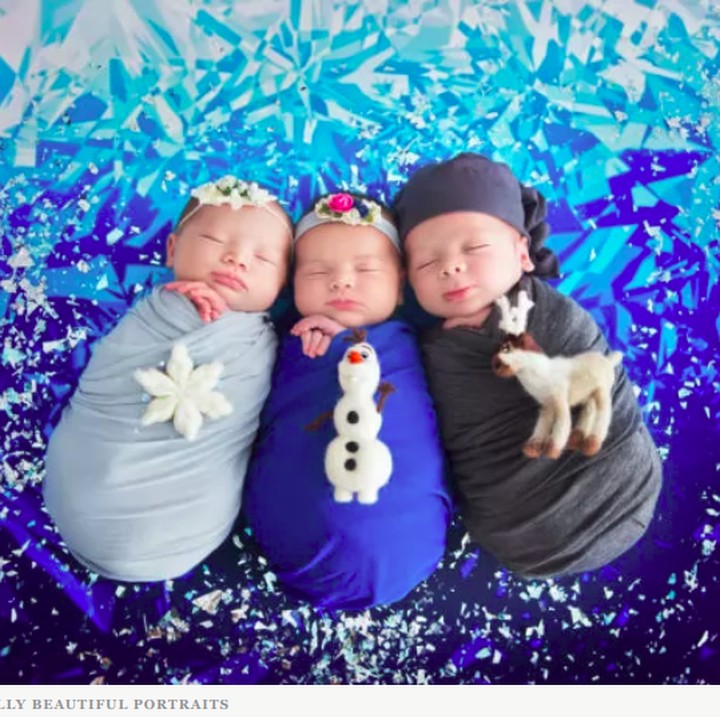 <p>Kali ini Karen memotret tiga bayi yang sedang tidur dan menyalurkan karakter favorit dari film 'Frozen' kesukaan kita semua yaitu Anna, Elsa, dan Hans. (Foto: Belly Beautiful Portraits via Babble)</p>