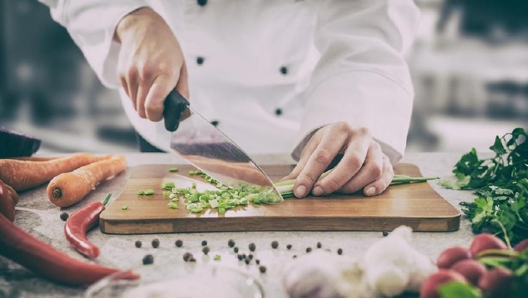chef cooking food kitchen restaurant cutting cook hands hotel man male knife preparation fresh preparing concept - stock image