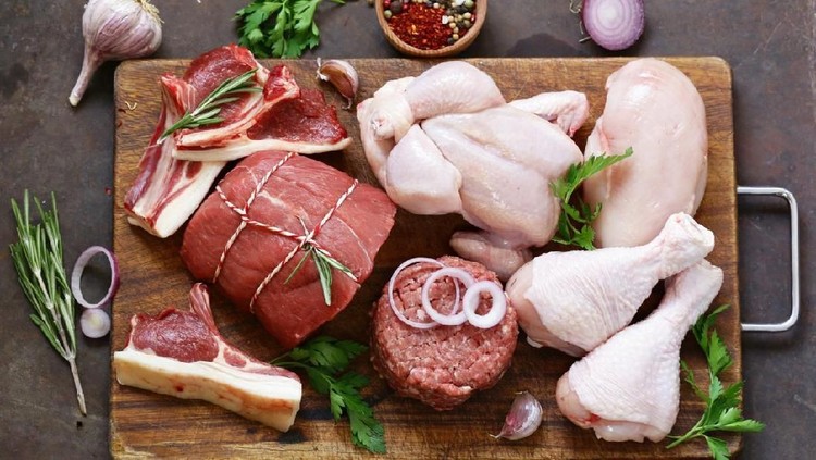 Variety of Raw Black Angus Prime meat steaks Machete, Blade on bone, Striploin, Rib eye, Tenderloin fillet mignon on wooden board copy space