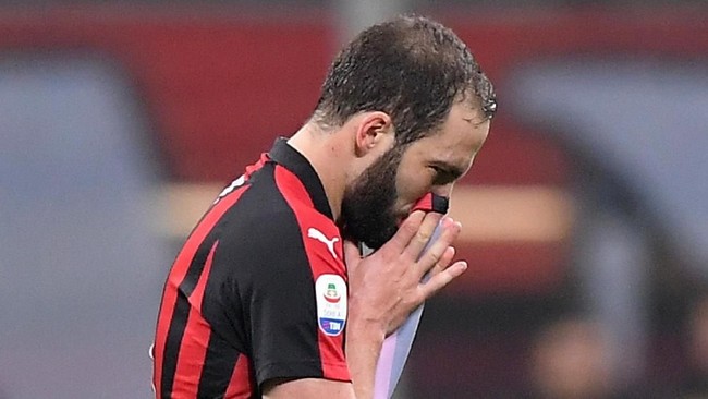 Striker AC Milan Gonzalo Higuain meminta maaf atas kartu merah yang diterimanya pada laga lawan Juventus di San Siro, Minggu (11/11).
