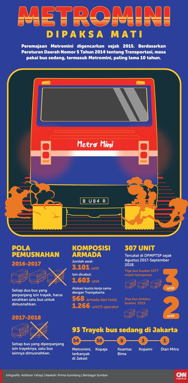 Peremajaan Metromini digencarkan kembali sejak 2015. Berdasarkan Perda Transportasi, masa pakai bus sedang, termasuk Metromini, paling lama 10 tahun.