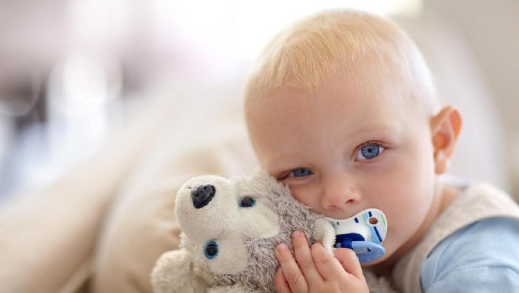 Portrait of a cute baby boy holding a stuffed animal while looking at the camera