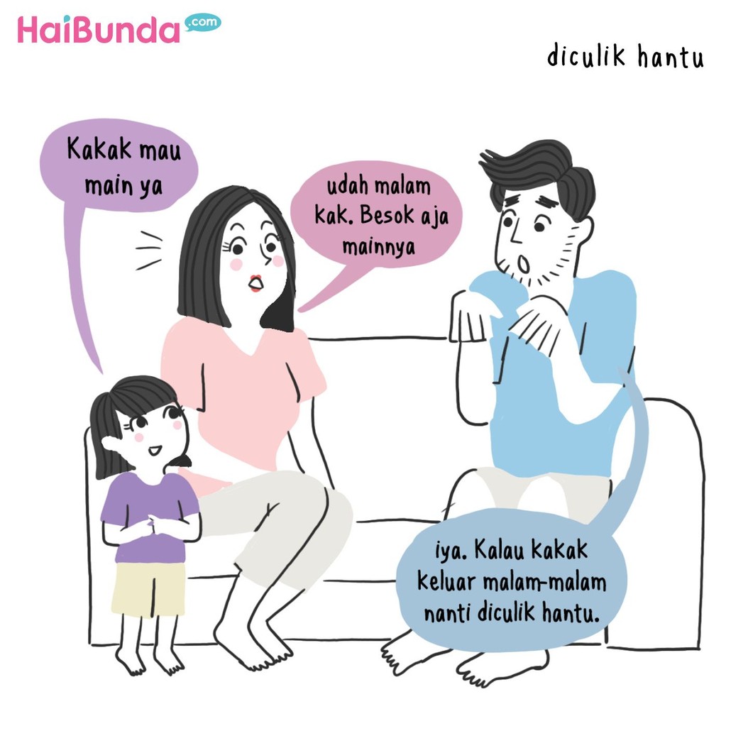 Bunda dan suami sama kayak ayah di komik ini, pernah menakuti anak supaya nurut? Share yuk ceritanya di kolom komentar.