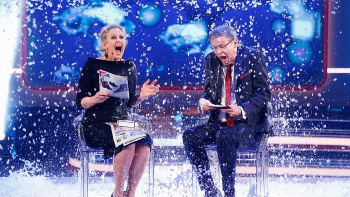 COLOGNE, GERMANY - DECEMBER 07:  Barbara Schoeneberger and TV host Guenther Jauch take part in the 'Ice Bucket Challenge' during the 2014! Menschen, Bilder, Emotionen - RTL Jahresrueckblick show on December 7, 2014 in Cologne, Germany.  (Photo by Andreas Rentz/Getty Images)