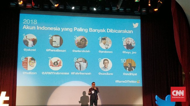 Akun Twitter Presiden Joko Widodo dan Prabowo menjadi akun di Indonesia yang paling banyak dibicarakan sepanjang 2018.