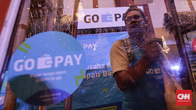 Gerai Gopay saat peluncuran Program Uji Coba Ekosistem Digital Pembiayaan Ultra Mikro Melalui Penggunaan Uang Elektronik. Jakarta, Selasa, 11 Desember 2018. CNNIndonesia/Adhi Wicaksono.