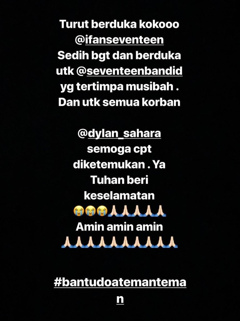 6 Ucapan Duka Para Selebriti untuk Tsunami Banten Indonesia berduka atas bencana tsunami di Anyer, Banten, pada Sabtu (22/12) malam. Para selebriti pun mengucapkan rasa duka mereka kepada para korban bencana.