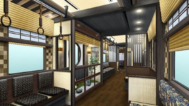 Kyotrain Garaku memiliki desain interior yang menyerupai ryokan sesungguhnya. Bahkan temanya disesuaikan dengan iklim di Jepang.