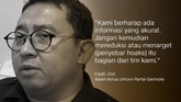 Gaduh Cuitan Andi Arief dan Hoaks Surat Suara Hoaks ada tujuh kontainer surat suara telah dicoblos salah satu paslon peserta Pilpres 2019 menyeret Andi Arief yang dinilai buat gaduh akibat kicauannya.