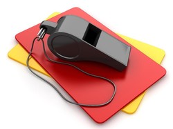 Whistle with Yellow and Red Card , This is a 3d rendered computer generated image. Isolated on white.