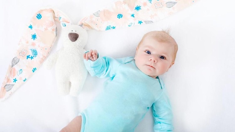 ilustrasi bayi Close-up of adorable cute newborn baby girl of two months on white background. Lovely child playing with plush rabbit toy wigh bit long ears. Holiday, Easter, childhood concept.