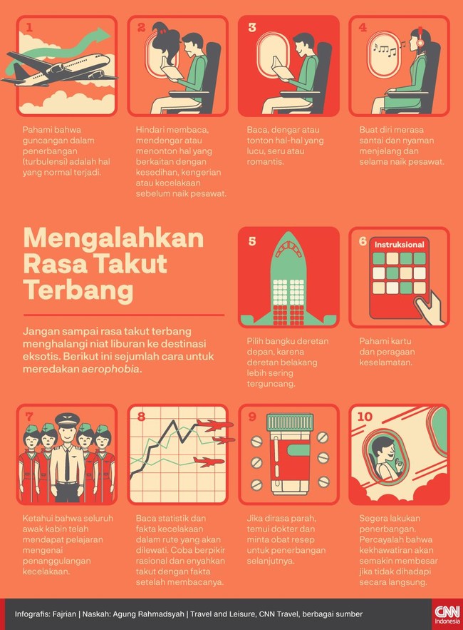 Jangan sampai rasa takut terbang menghalangi niat liburan ke destinasi eksotis. Berikut ini sejumlah cara untuk meredakan aerophobia.