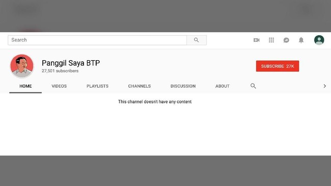 Akun Youtube Ahok yang dinamakan 'Panggil Saya BTP' telah diserbu puluhan ribu pelanggan, padahal akun tersebut belum memiliki konten.