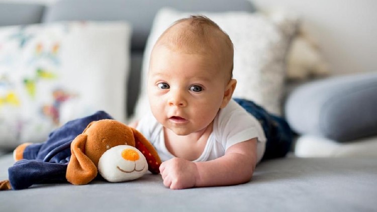An adorable baby lays on her tummy on a rug in a living room.  She looks up with pursed lips.  There are wooden toys in the foreground.