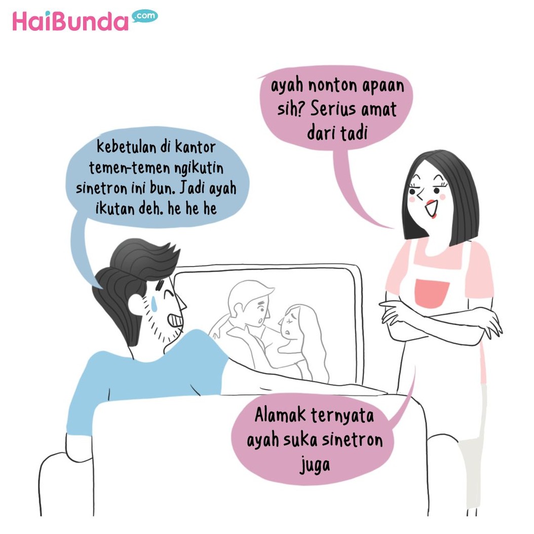Ayah 'heboh' saat Bunda nonton sinetron. Eh, ternyata Ayah suka sinetron juga. Suami Bunda ada yang kayak Ayah di komik ini nggak?