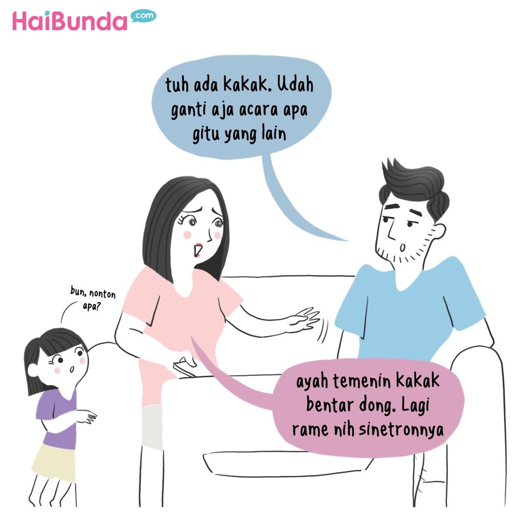 Ayah 'heboh' saat Bunda nonton sinetron. Eh, ternyata Ayah suka sinetron juga. Suami Bunda ada yang kayak Ayah di komik ini nggak?