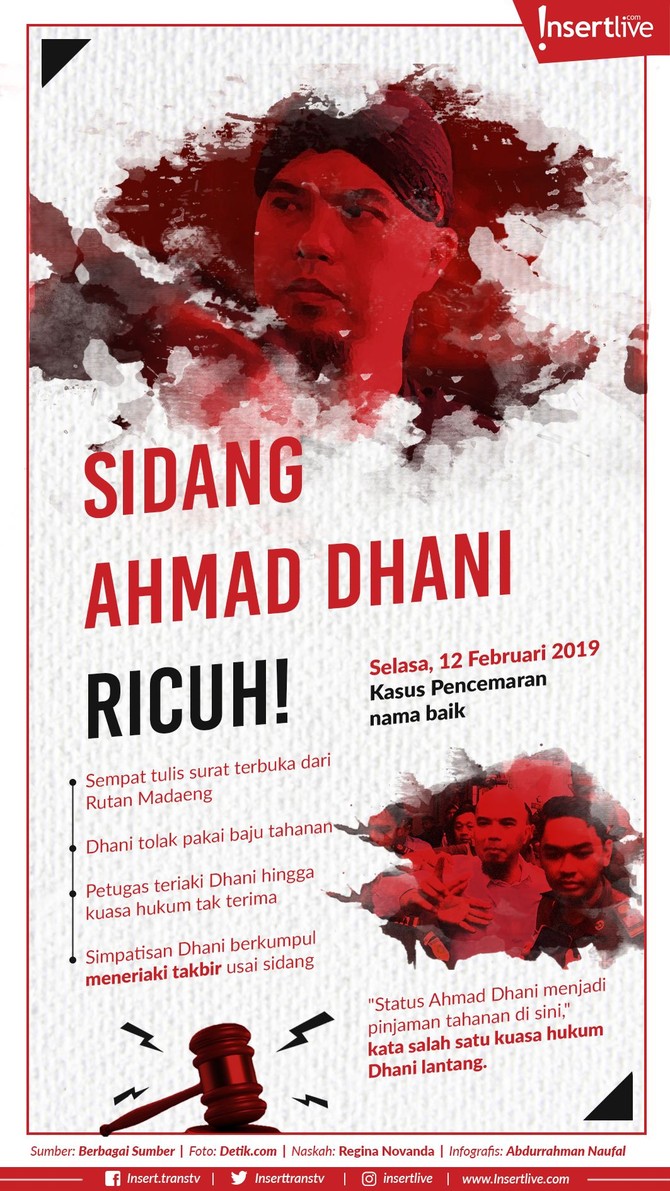 Infografis: Sidang Ahmad Dhani Ricuh! Sidang Ahmad Dhani berlangsung ricuh hari ini, Selasa (12/2). Bermula ketika ada petugas yang meneriaki Dhani hingga membuat tim kuasa hukum Dhani naik pitam.
