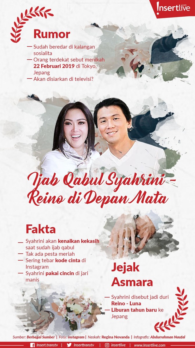 Pernikahan Syahrini dan Reino Barack semakin santer terdengar. Hubungan asmaranya ini kabarnya akan menikah pada 22 Februari mendatang di Tokyo, Jepang.