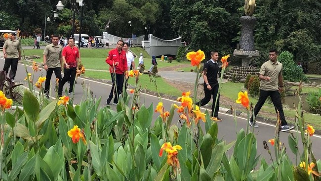 Capres petahana Jokowi memulai aktivitasnya dengan berlari pagi di area Kebun Raya Bogor menjelang debat kedua Pilpres 2019 melawan Prabowo.