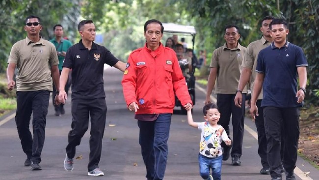 Presiden Jokowi menyempatkan diri mengajak cucunya, Jan Ethes Srinarendra bermain di kawasan Kebun Raya Bogor, Bogor, Jawa Barat, Minggu (24/2).