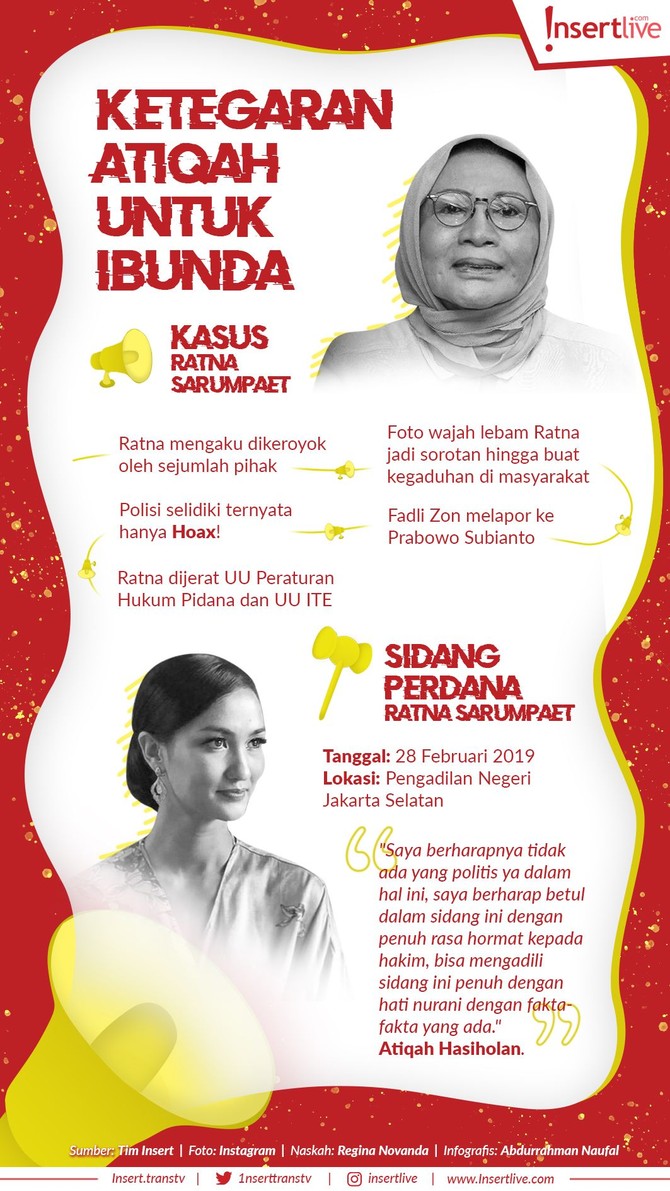 Infografis: Ketegaran Atiqah Untuk Ibunda Pada sidang perdana Ratna hari ini, Ratna bahkan mengatakan siap menjadi penjamin demi sang ibu menjadi tahanan kota. Atiqah terlihat tegar mendampingi ibunya.